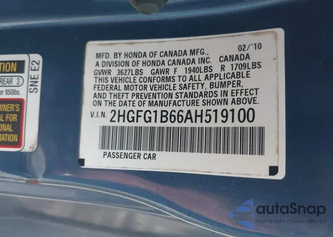 2010 Honda Civic Lx z USA, uszkodzony, nr VIN 2HGFG1B66AH519100